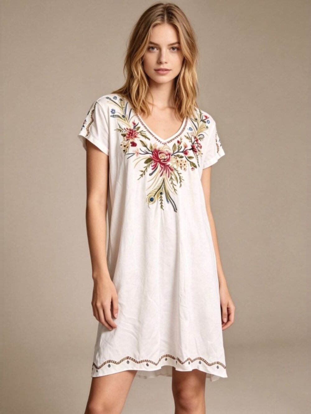 NWOT Johnny Was Cotton Floral Peacock Embroidered V-Neck Dress Boho Size S